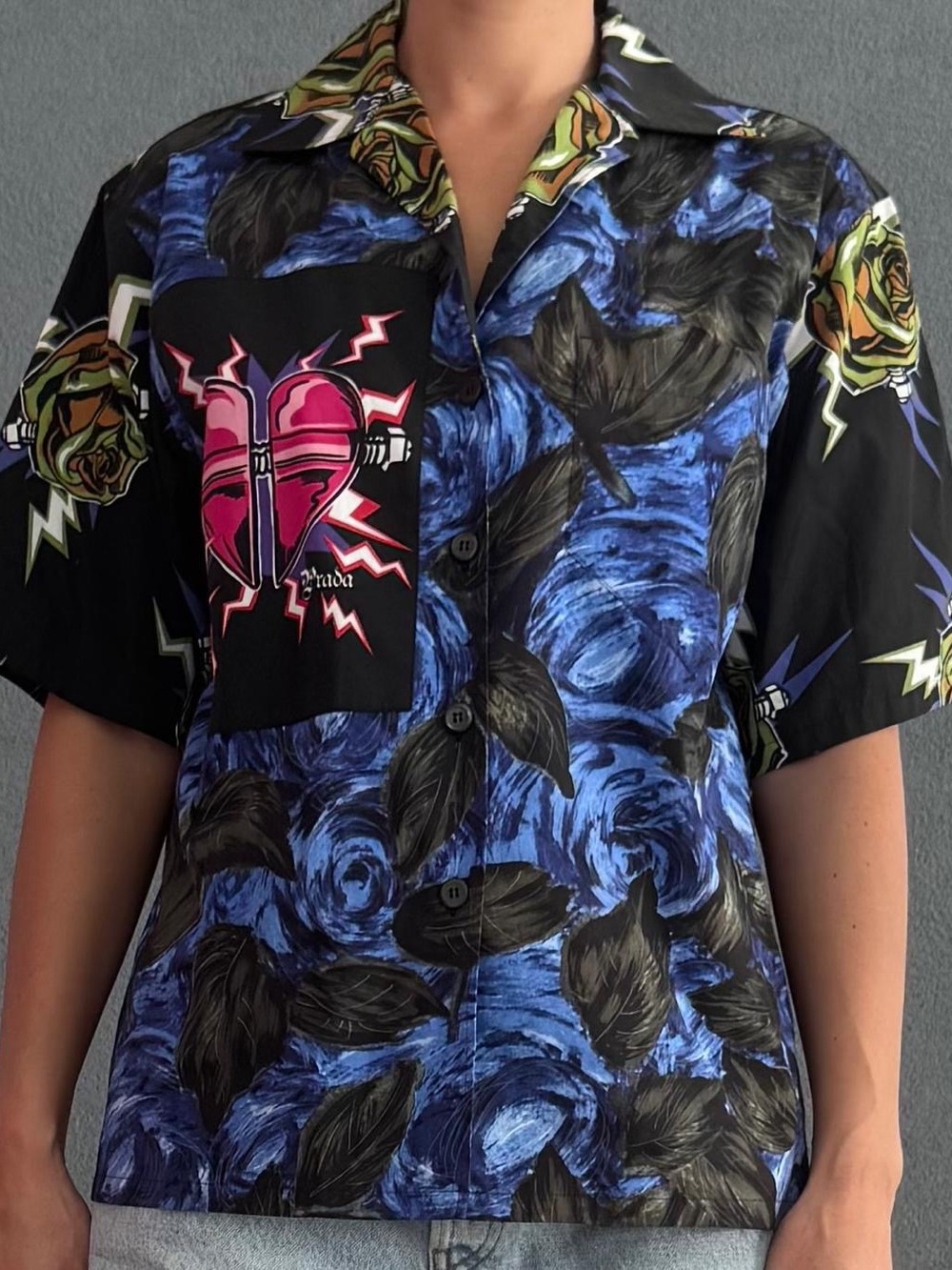 Prada Black & Blue Floral Button-Down Shirt with Pink Heart Patch